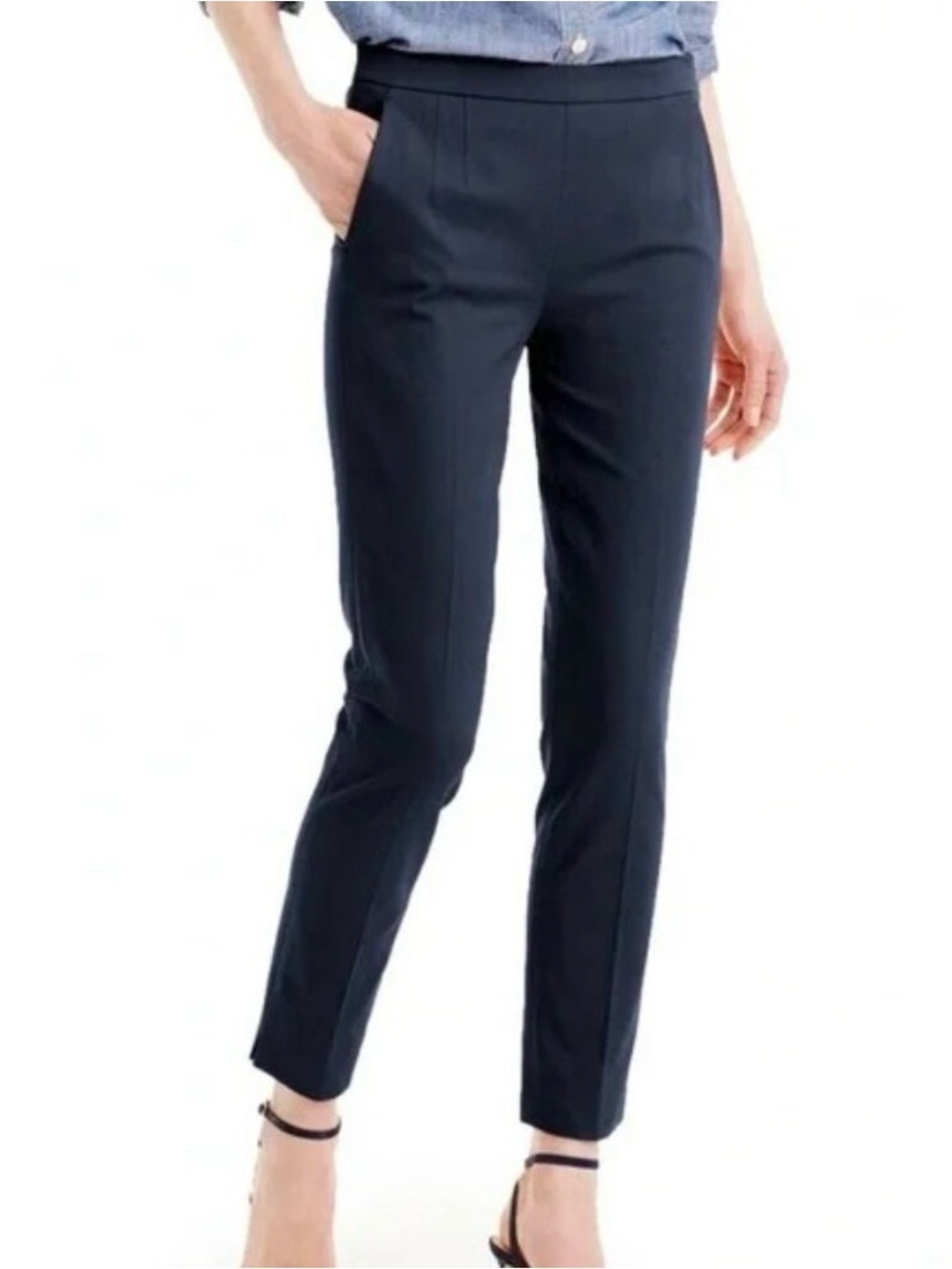 j crew Martie navy slim cropped trouser pant side zip stretch cotton 8 pet